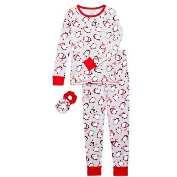 René Rofé Girl SIZE 10 Gray & Red Penguin Pajama & Scrunchie Set - Picture 4 of 6